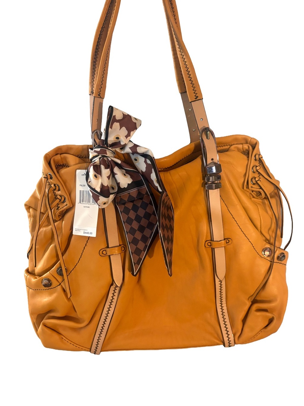 orYANY Mustard Tan Leather Tote with Patterned Scarf Accent